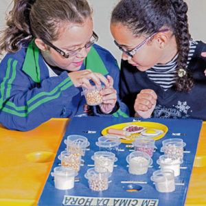 Duas meninas de aproximadamente 7 anos, de óculos, estão sentadas lado a lado, diante do brinquedo. A criança que está à esquerda, tem nas mãos, um potinho com grãos.